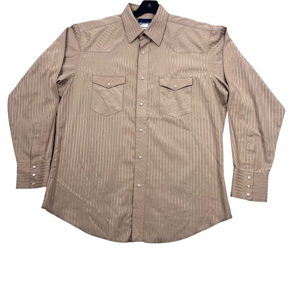 Wrangler Mens Large Tan Stripe Western Pearl Snap‎ Shirt Cowboy Rodeo EUC